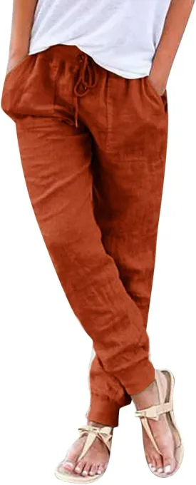 Cotton Linen Pants Women Summer Elastic High Waist Casual Yoga Pants Comfy Lightweight Tapered Joggers with Pockets