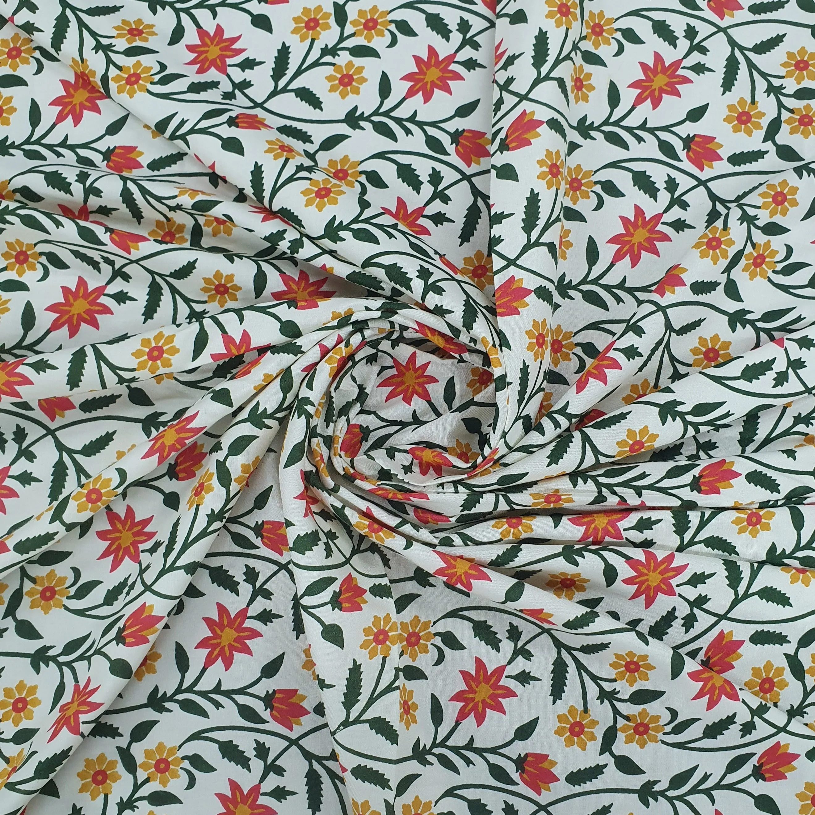 Cream & yellow Floral Print Cotton Fabric