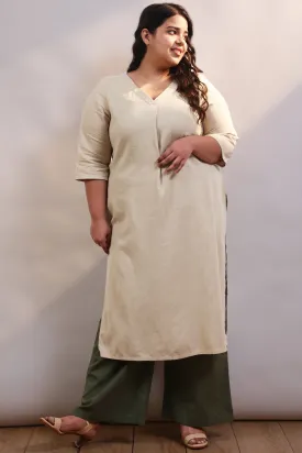 Cream Cotton Linen V Neck Centre Pleat Kurti