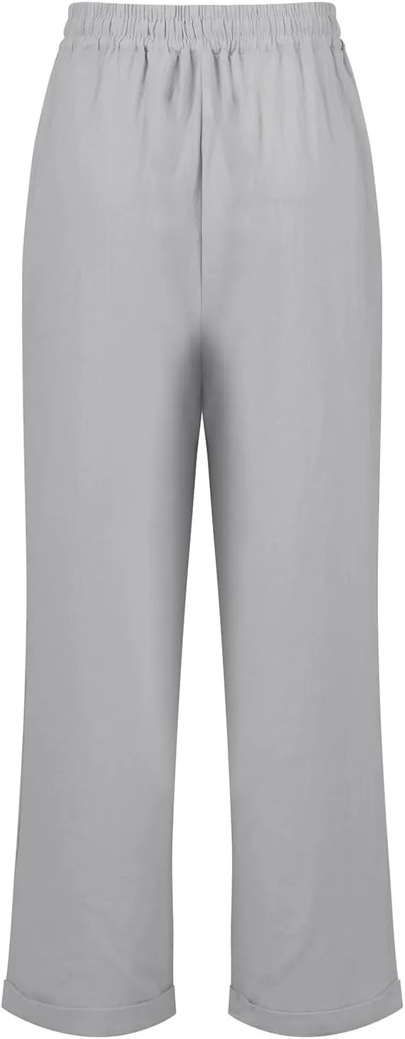 Cropped Linen Pants Women Plus Size Drawstring Elastic High Waisted Joggers Lightweight Summer Ankle Pants w/Pockets