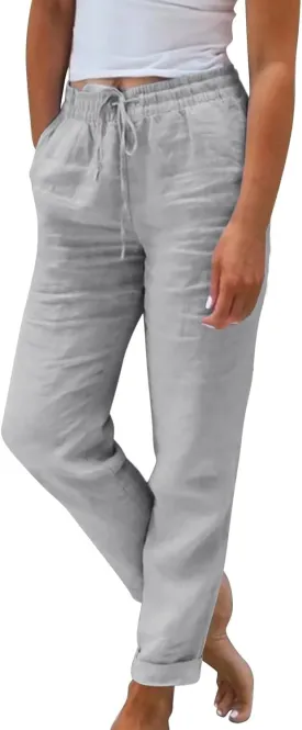 Cropped Linen Pants Women Plus Size Drawstring Elastic High Waisted Joggers Lightweight Summer Ankle Pants w/Pockets