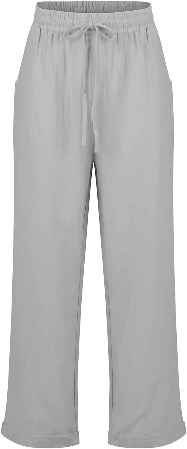Cropped Linen Pants Women Plus Size Drawstring Elastic High Waisted Joggers Lightweight Summer Ankle Pants w/Pockets