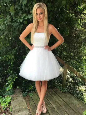 Cute A-Line Strapless Beading Waist Tulle Little White Dress OC126