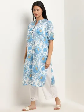 Diza Blue Floral Printed Straight Cotton Kurta