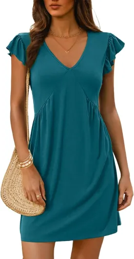 Dokotoo Women's Summer Dresses Beach 2025 Casual Deep V Neck Loose Sundress Ruffle Sleeve Mini Dress