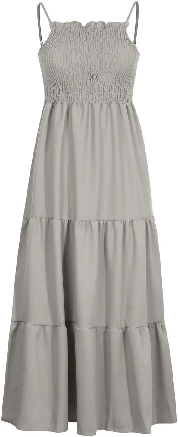 Dresses for Women 2024 Casual Bohemian Spaghetti Strap Smocked Tiered Long Beach Dresses Sleeveless Maxi Dress
