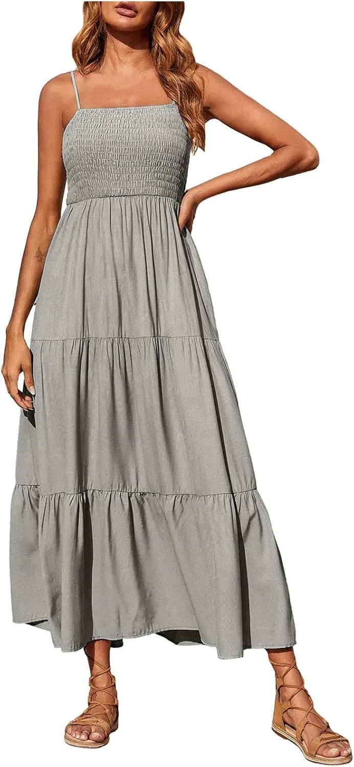 Dresses for Women 2024 Casual Bohemian Spaghetti Strap Smocked Tiered Long Beach Dresses Sleeveless Maxi Dress