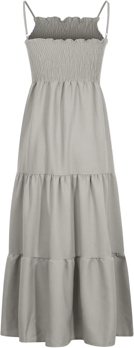 Dresses for Women 2024 Casual Bohemian Spaghetti Strap Smocked Tiered Long Beach Dresses Sleeveless Maxi Dress