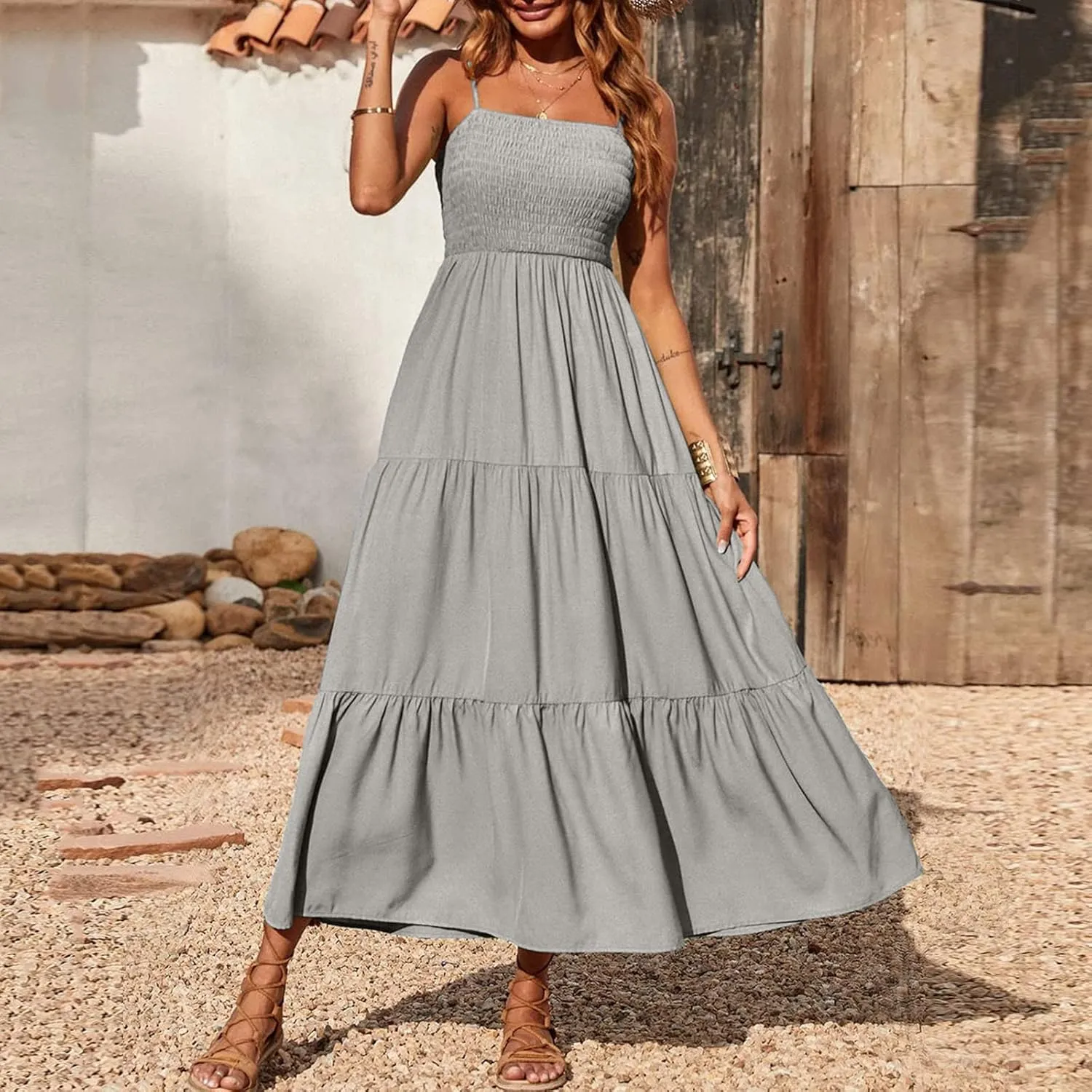 Dresses for Women 2024 Casual Bohemian Spaghetti Strap Smocked Tiered Long Beach Dresses Sleeveless Maxi Dress