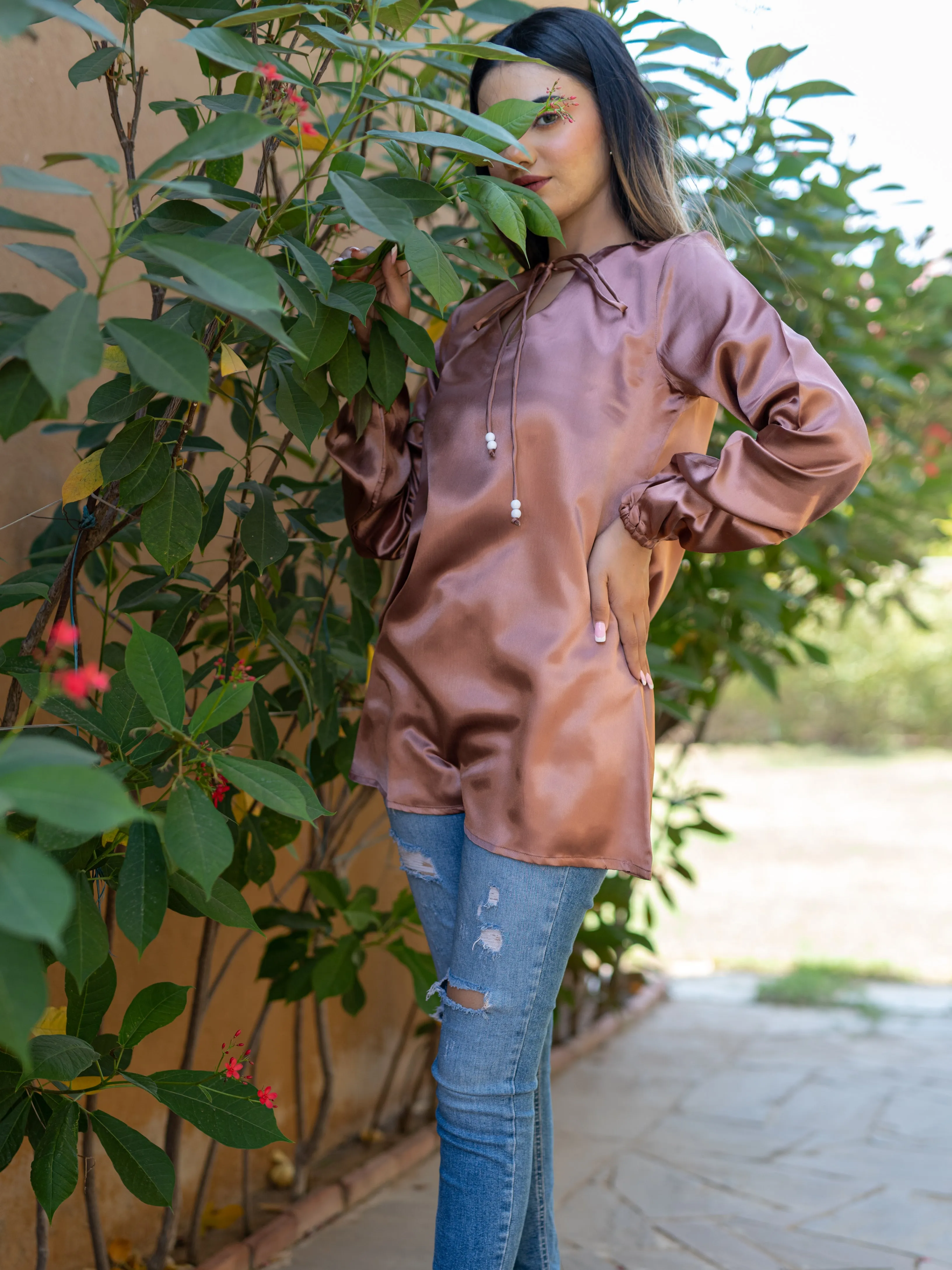 Dusky Rose Satin Full Sleeves Top