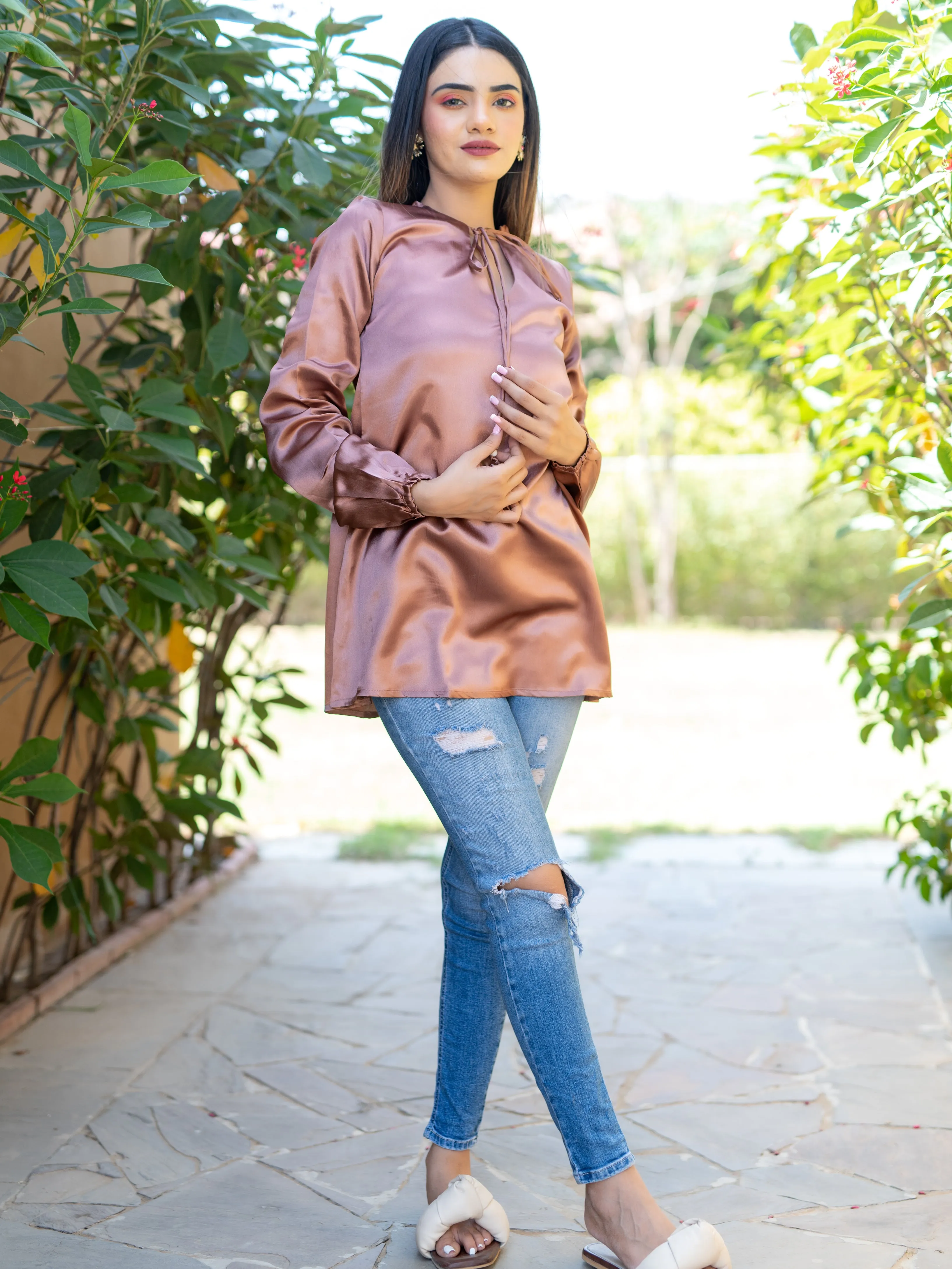 Dusky Rose Satin Full Sleeves Top