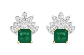 Earrings 18kt Gold Square Emerald & Marquise Illusion Diamonds