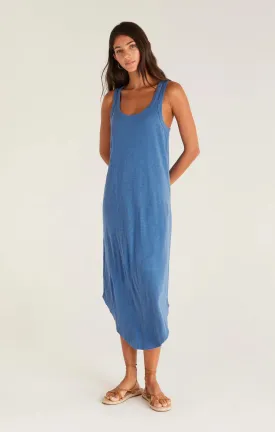 Relaxed Fit Blue and Olive Cotton Slub Midi Dress