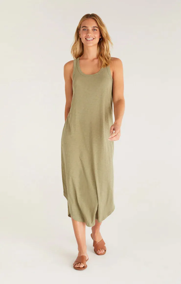 Relaxed Fit Blue and Olive Cotton Slub Midi Dress