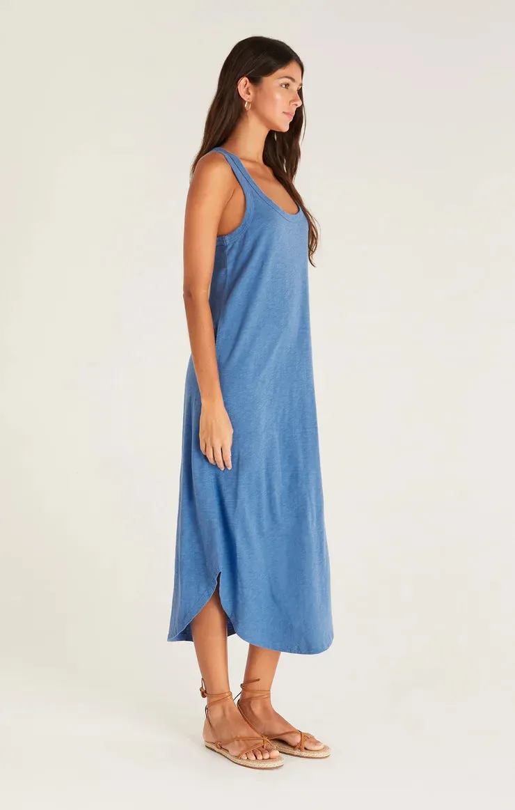 Relaxed Fit Blue and Olive Cotton Slub Midi Dress