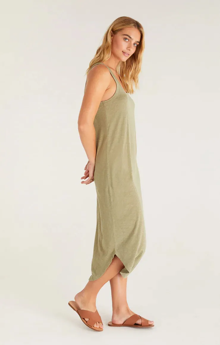 Relaxed Fit Blue and Olive Cotton Slub Midi Dress