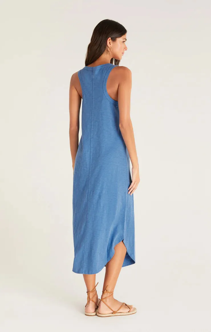 Relaxed Fit Blue and Olive Cotton Slub Midi Dress