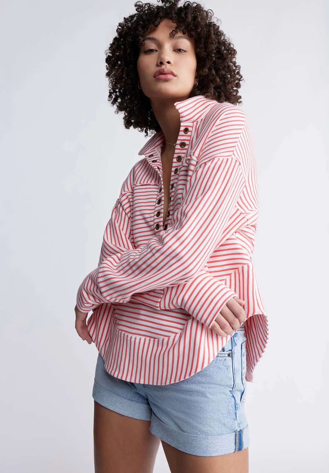Ellowynne Women’s Striped Sweatshirt in White & Red - KT0099P