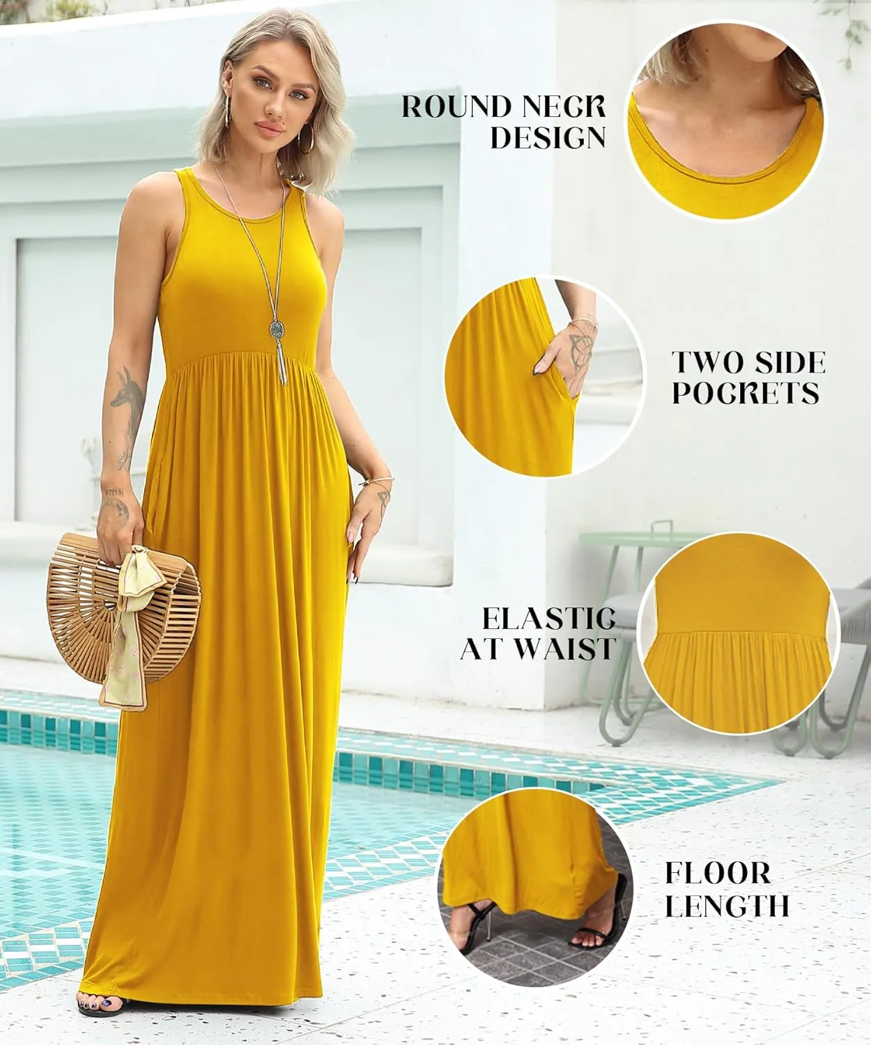 EUOVMY Women's Sleeveless Dress Casual Plain Loose Summer Vacation Long Maxi Dresses with Pockets