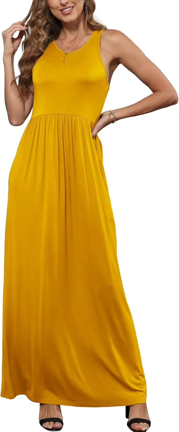 EUOVMY Women's Sleeveless Dress Casual Plain Loose Summer Vacation Long Maxi Dresses with Pockets
