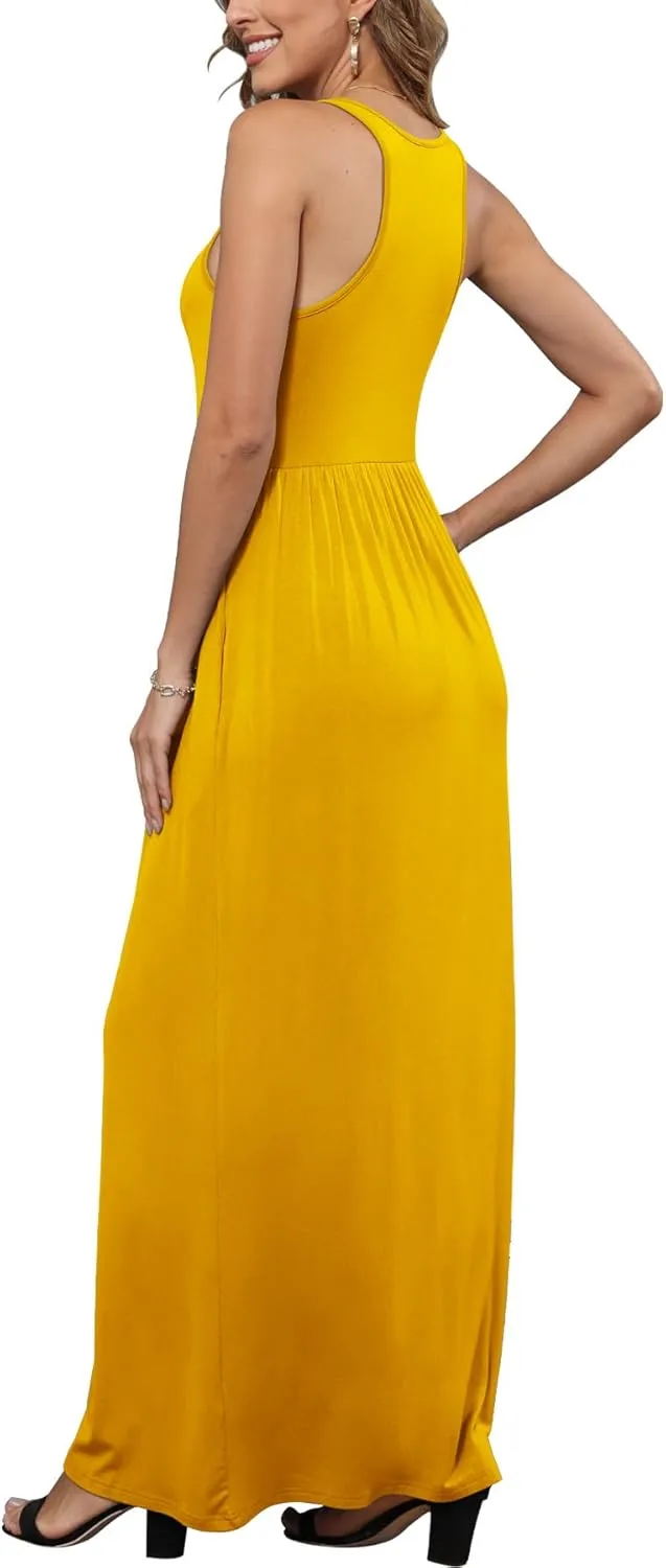 EUOVMY Women's Sleeveless Dress Casual Plain Loose Summer Vacation Long Maxi Dresses with Pockets