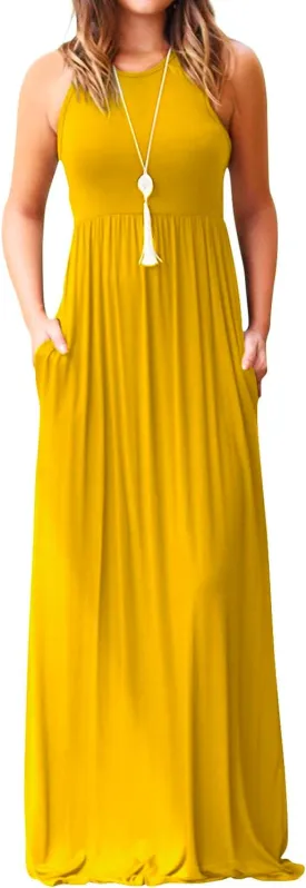 EUOVMY Women's Sleeveless Dress Casual Plain Loose Summer Vacation Long Maxi Dresses with Pockets