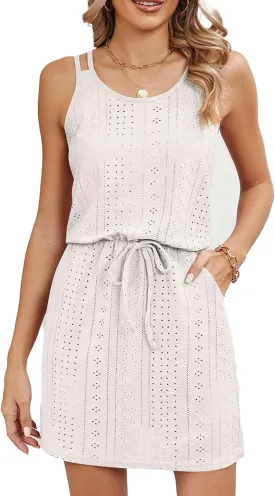 Eyelet Sundresses for Women 2024 Mini Swimsuit Cover Up Casual Summer Crewneck Drawstring Waist Dress Comfy Slip Dress