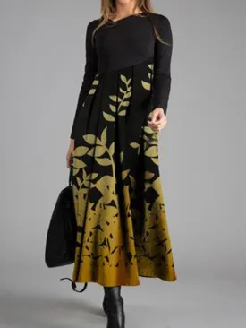 Fashion Casual Leaf Silhouette V-neck Long Sleeve Dress