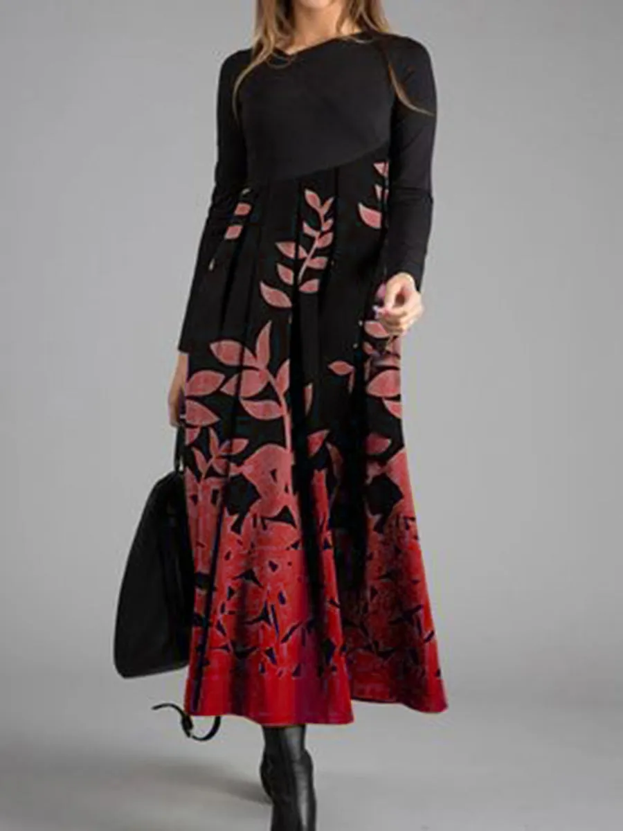Fashion Casual Leaf Silhouette V-neck Long Sleeve Dress