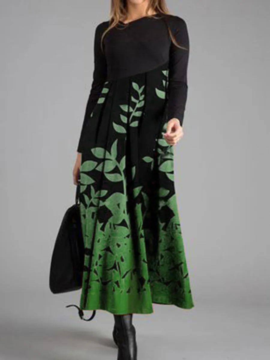 Fashion Casual Leaf Silhouette V-neck Long Sleeve Dress