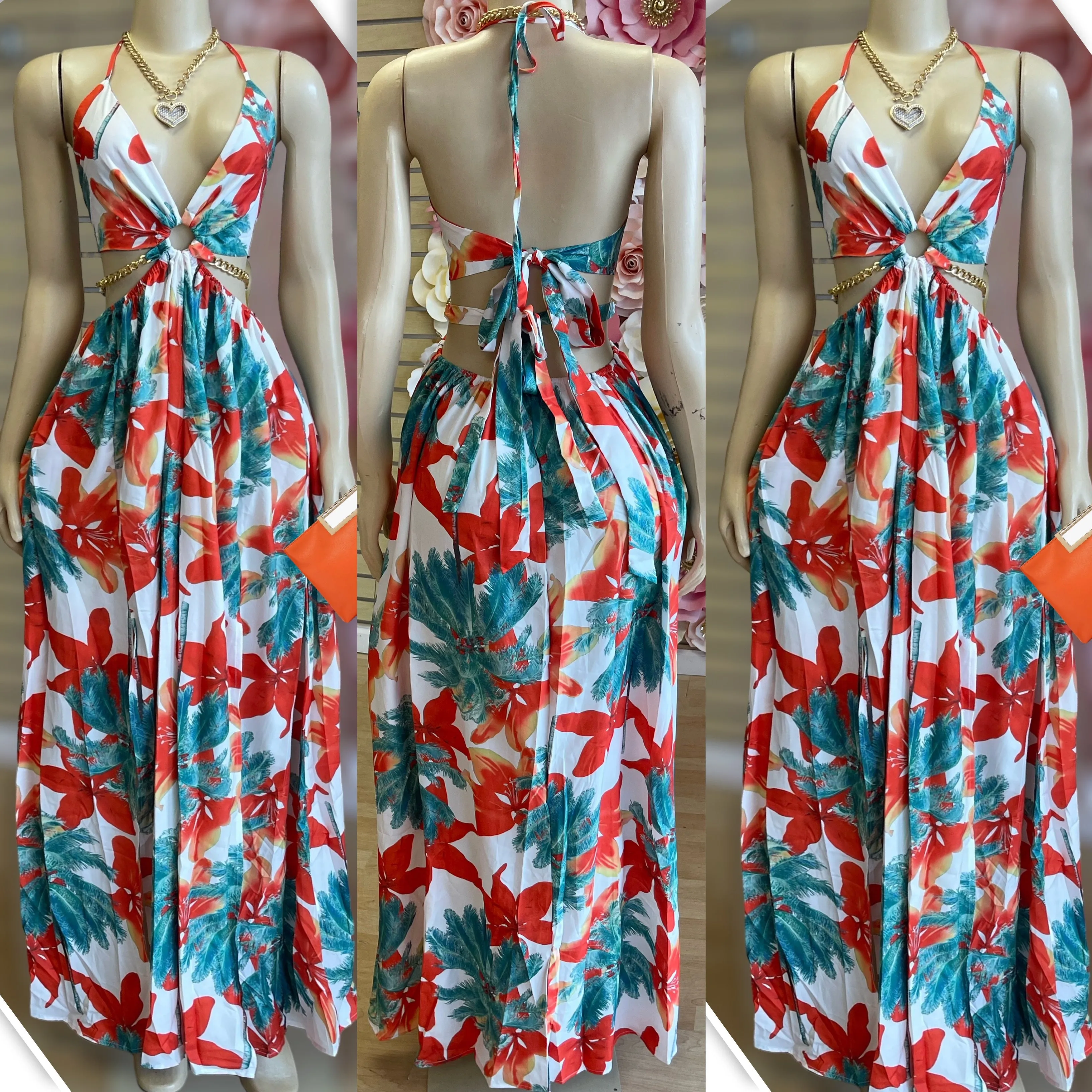 Flower Chain Dress  ( white and Navy)