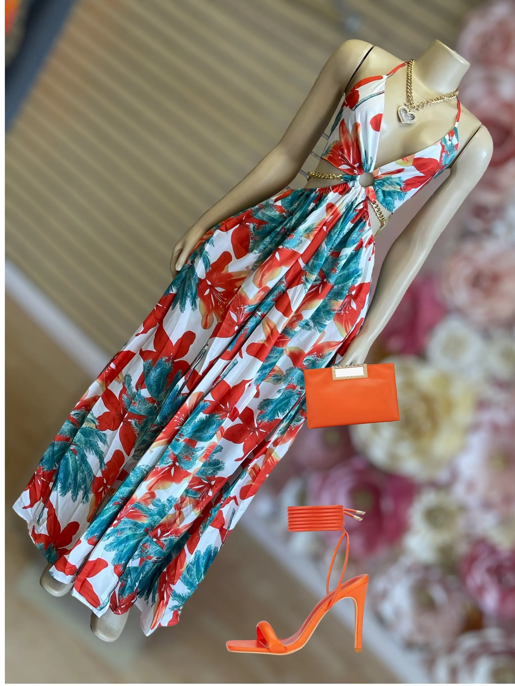 Flower Chain Dress  ( white and Navy)