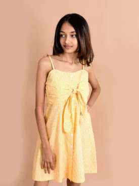 Girls Yellow Checked Cotton Fit Flare Dress - Ps Peaches