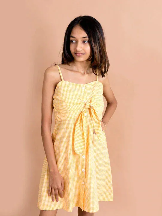 Girls Yellow Checked Cotton Fit Flare Dress - Ps Peaches