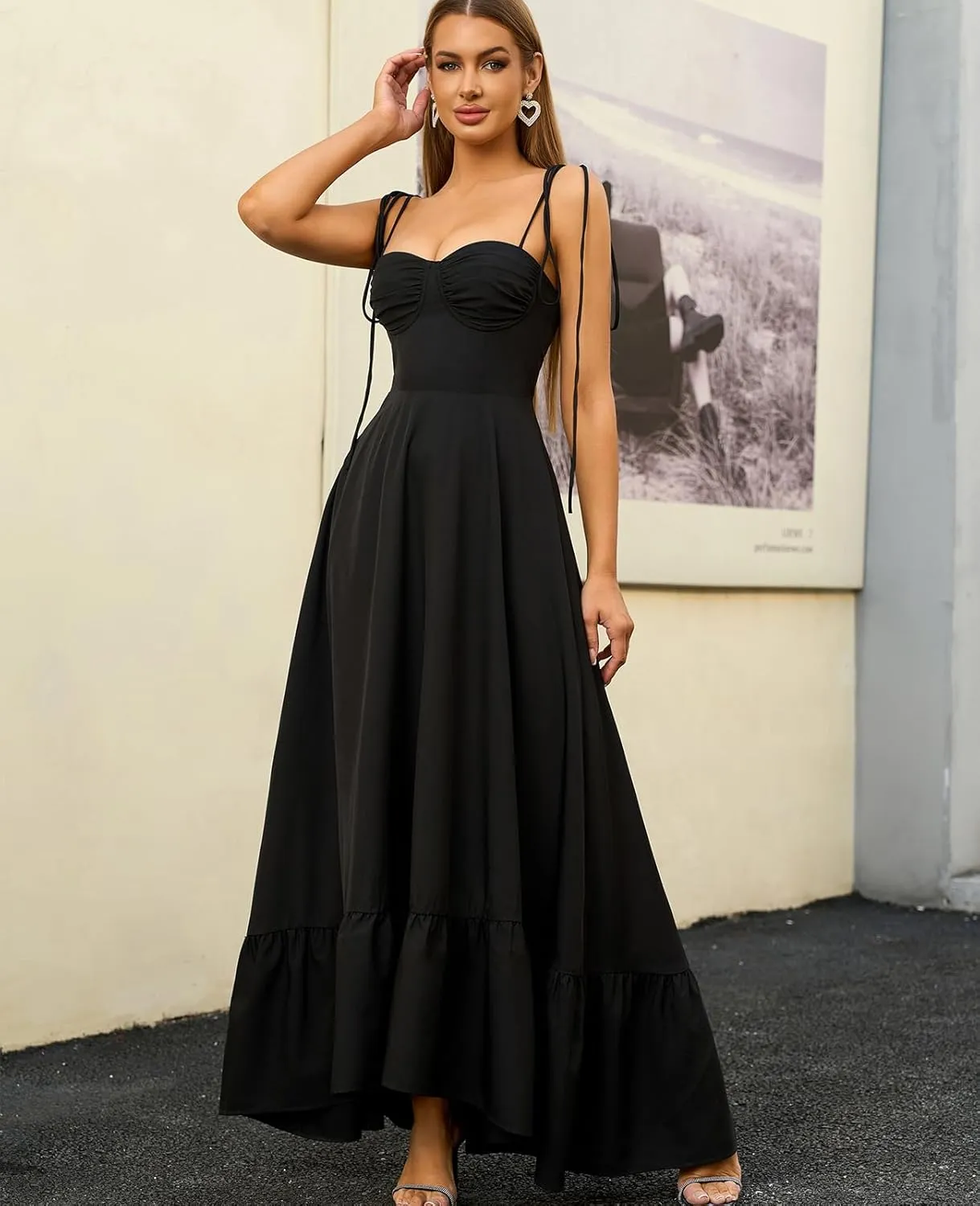 GLNEGE Women's Summer Spaghetti Strap Maxi Dress Casual Sleeveless Smocked Ruffle Tea Party Dresses Backless Flowy Sundress