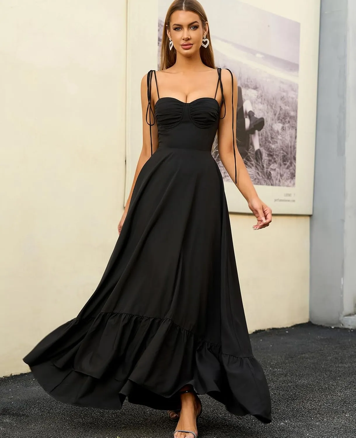 GLNEGE Women's Summer Spaghetti Strap Maxi Dress Casual Sleeveless Smocked Ruffle Tea Party Dresses Backless Flowy Sundress