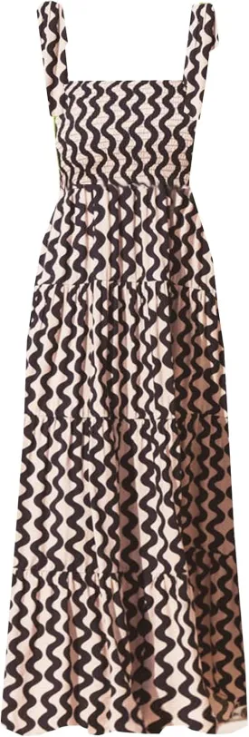Gothden Summer Boho Midi Dress for Women's Square Neck Ruffle Tiered Flowy Smocked Sundress
