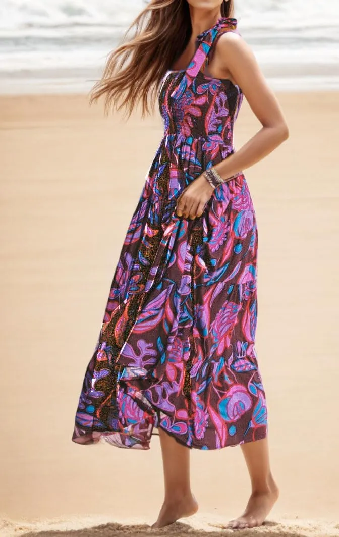 Gothden Summer Boho Midi Dress for Women's Square Neck Ruffle Tiered Flowy Smocked Sundress