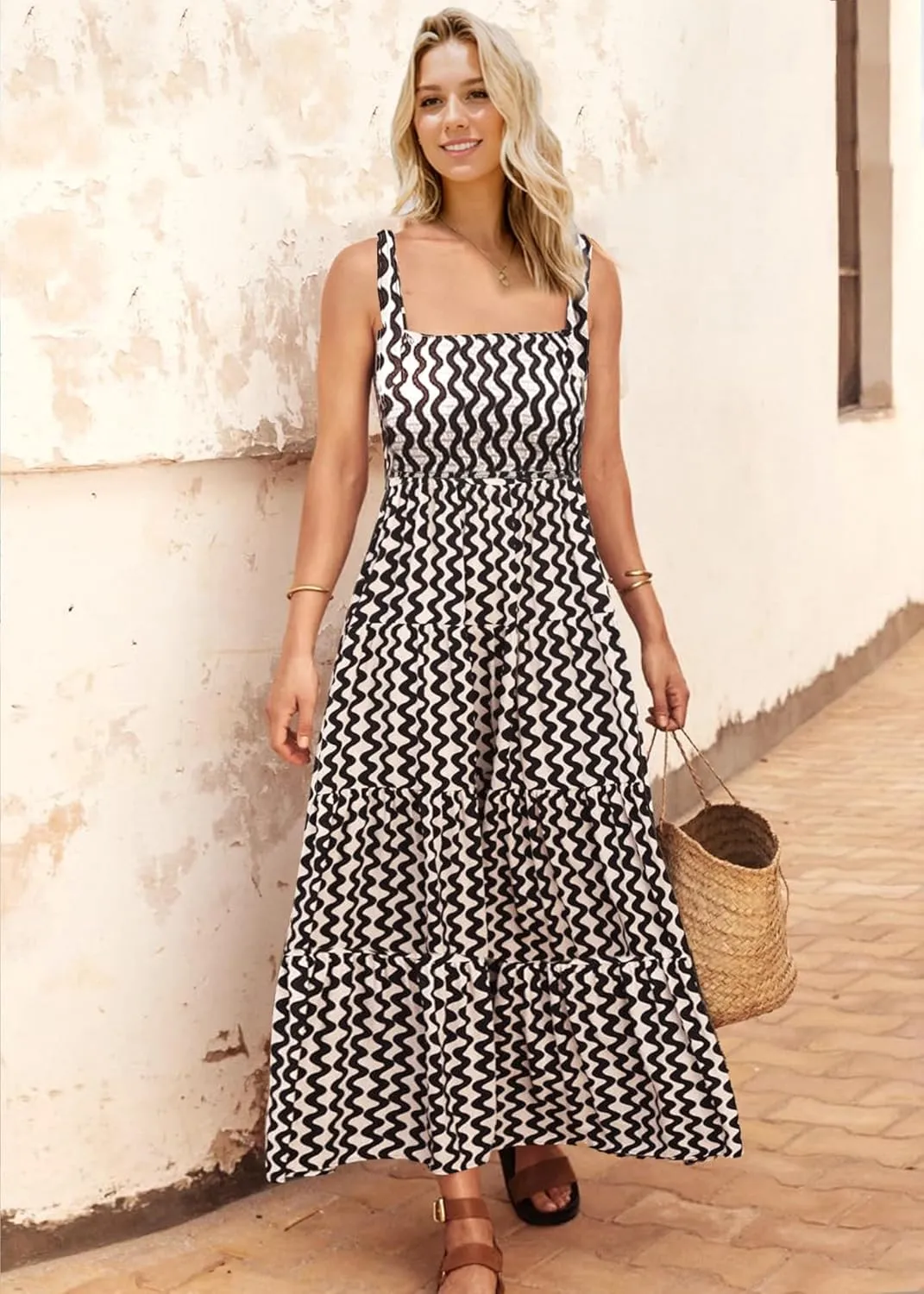 Gothden Summer Boho Midi Dress for Women's Square Neck Ruffle Tiered Flowy Smocked Sundress
