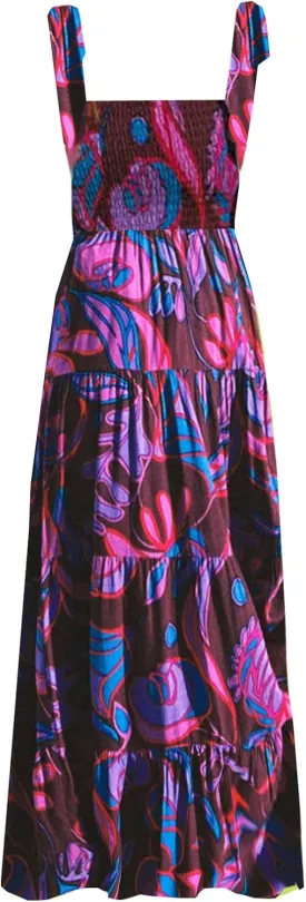 Gothden Summer Boho Midi Dress for Women's Square Neck Ruffle Tiered Flowy Smocked Sundress