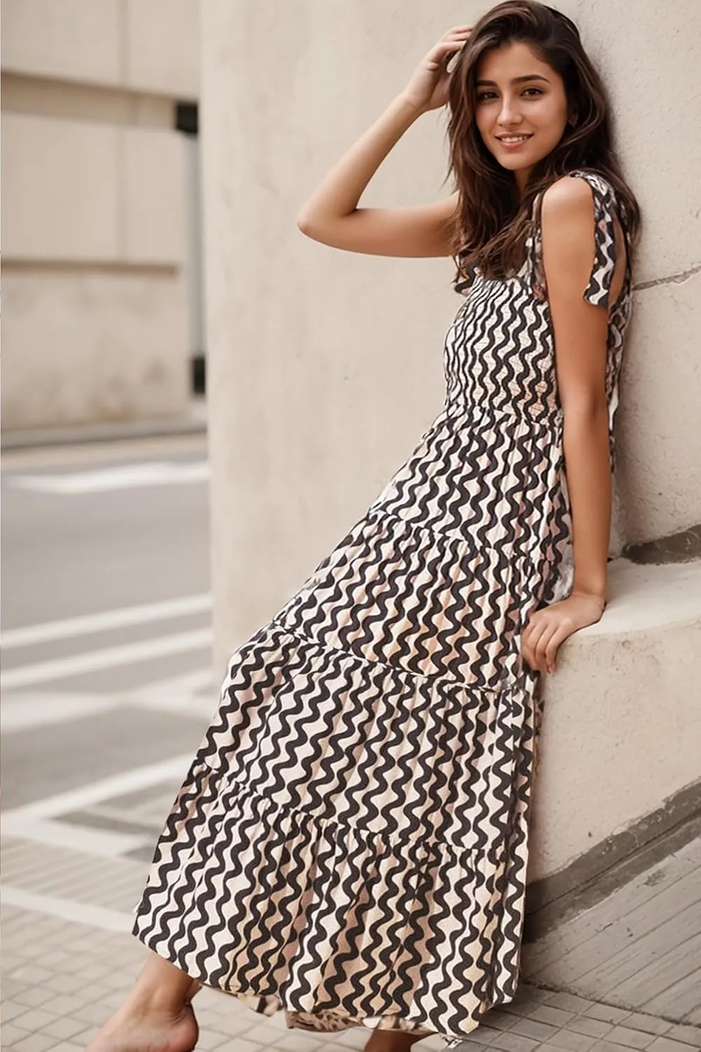Gothden Summer Boho Midi Dress for Women's Square Neck Ruffle Tiered Flowy Smocked Sundress