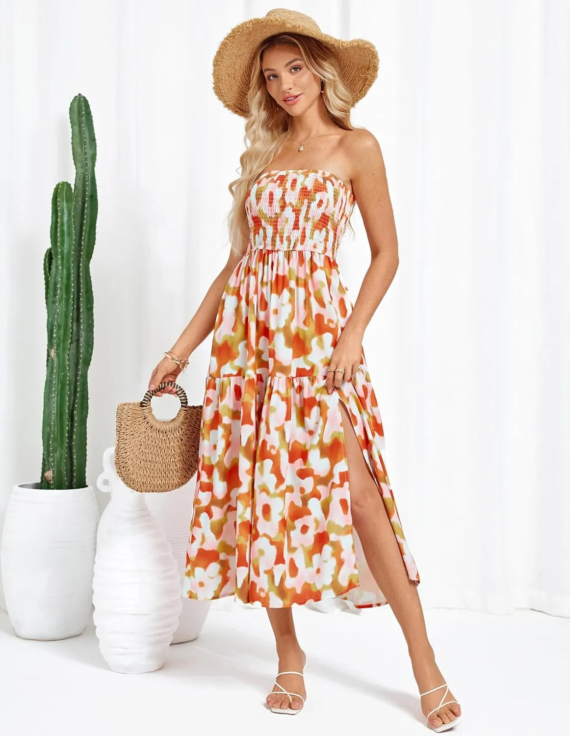 GRACE KARIN Women's Summer Strapless Dress Smocked Casual Beach Party Long Maxi Dresses with Pockets