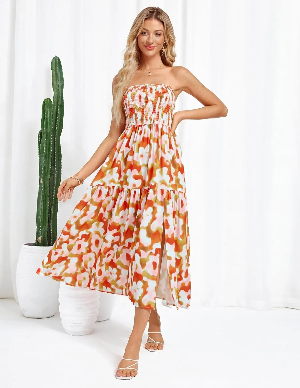 GRACE KARIN Women's Summer Strapless Dress Smocked Casual Beach Party Long Maxi Dresses with Pockets