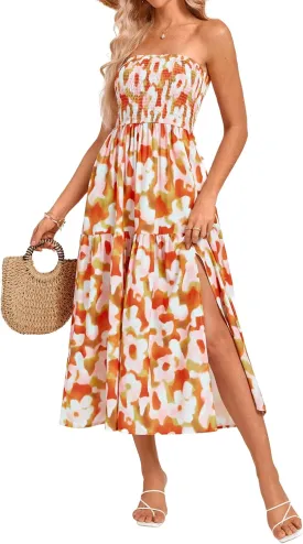 GRACE KARIN Women's Summer Strapless Dress Smocked Casual Beach Party Long Maxi Dresses with Pockets
