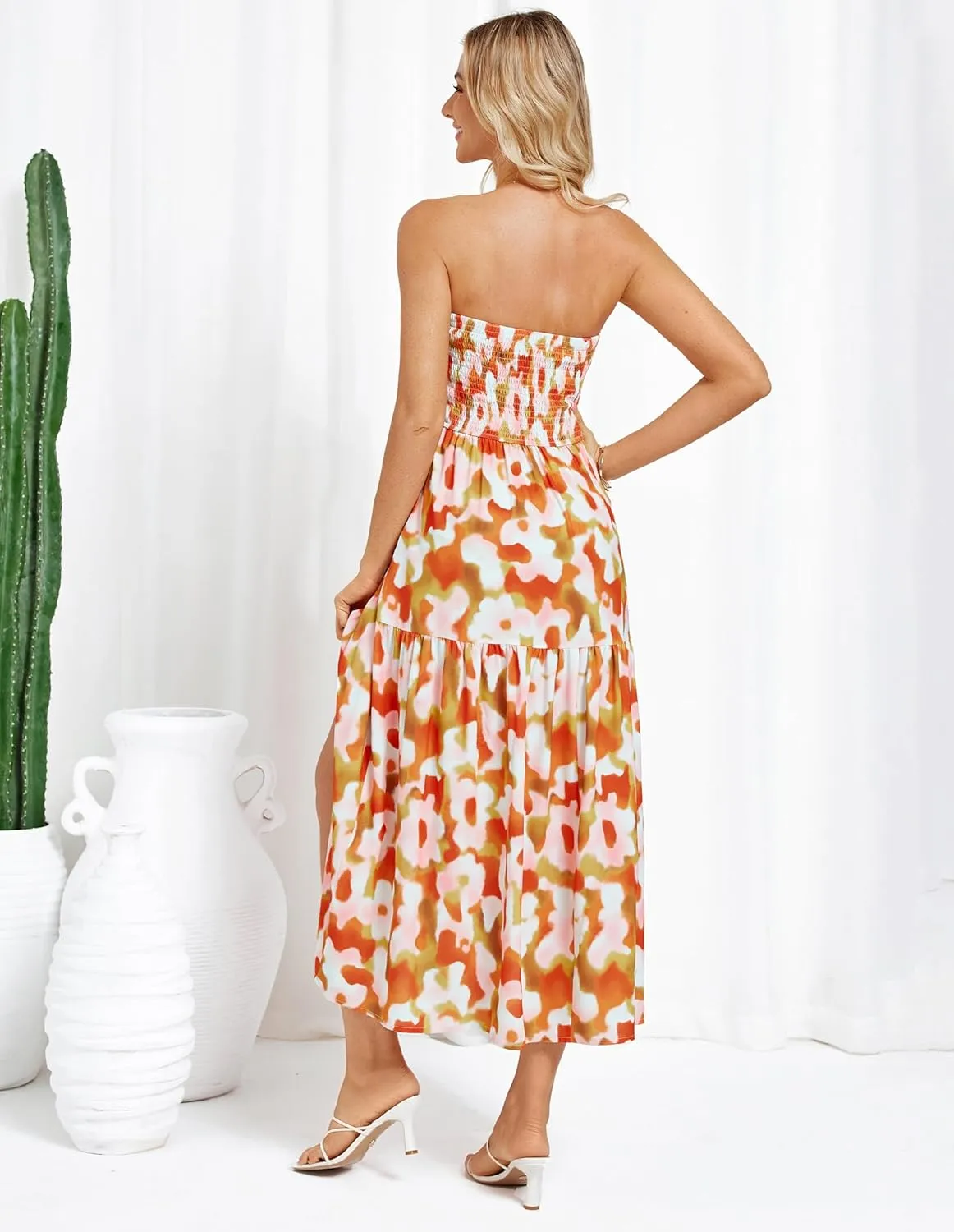 GRACE KARIN Women's Summer Strapless Dress Smocked Casual Beach Party Long Maxi Dresses with Pockets