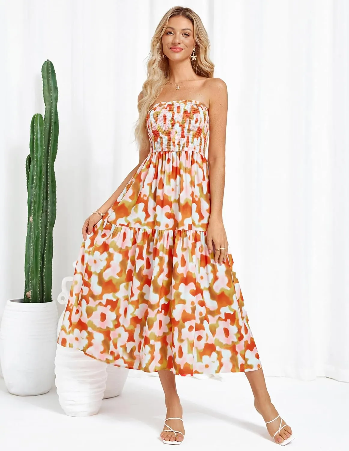 GRACE KARIN Women's Summer Strapless Dress Smocked Casual Beach Party Long Maxi Dresses with Pockets