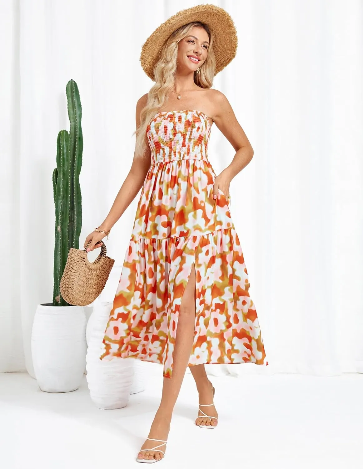 GRACE KARIN Women's Summer Strapless Dress Smocked Casual Beach Party Long Maxi Dresses with Pockets