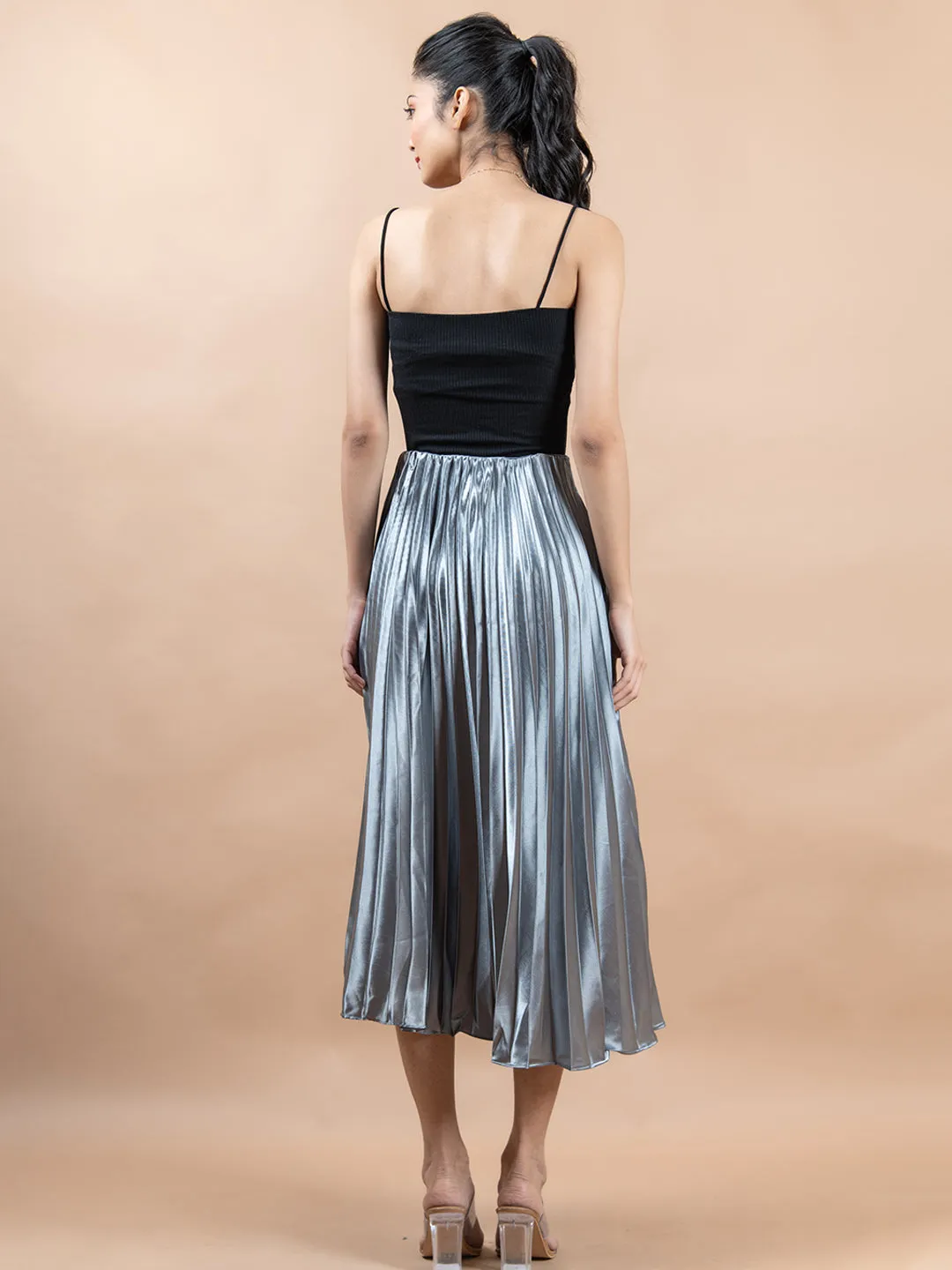 Grey Flared Skirt with Accordion Pleats
