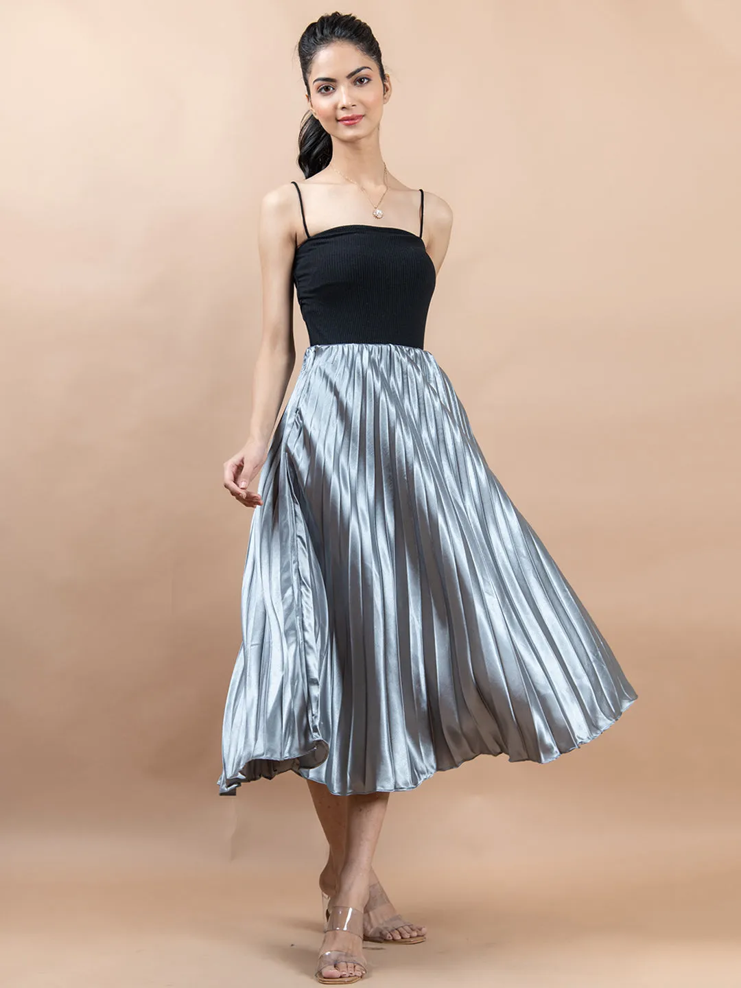 Grey Flared Skirt with Accordion Pleats