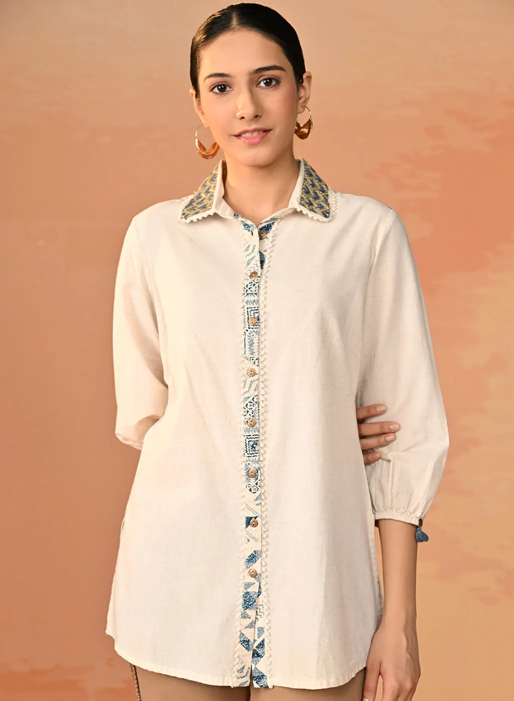 Gursheen Navy Blue Embroidered Khadi Cotton Shirt for Women